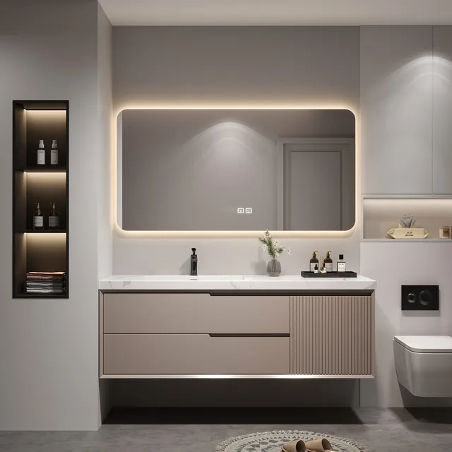 RUMZENO Corvelle khaki floating single-basin vanity with flat illuminated Smart Mirror