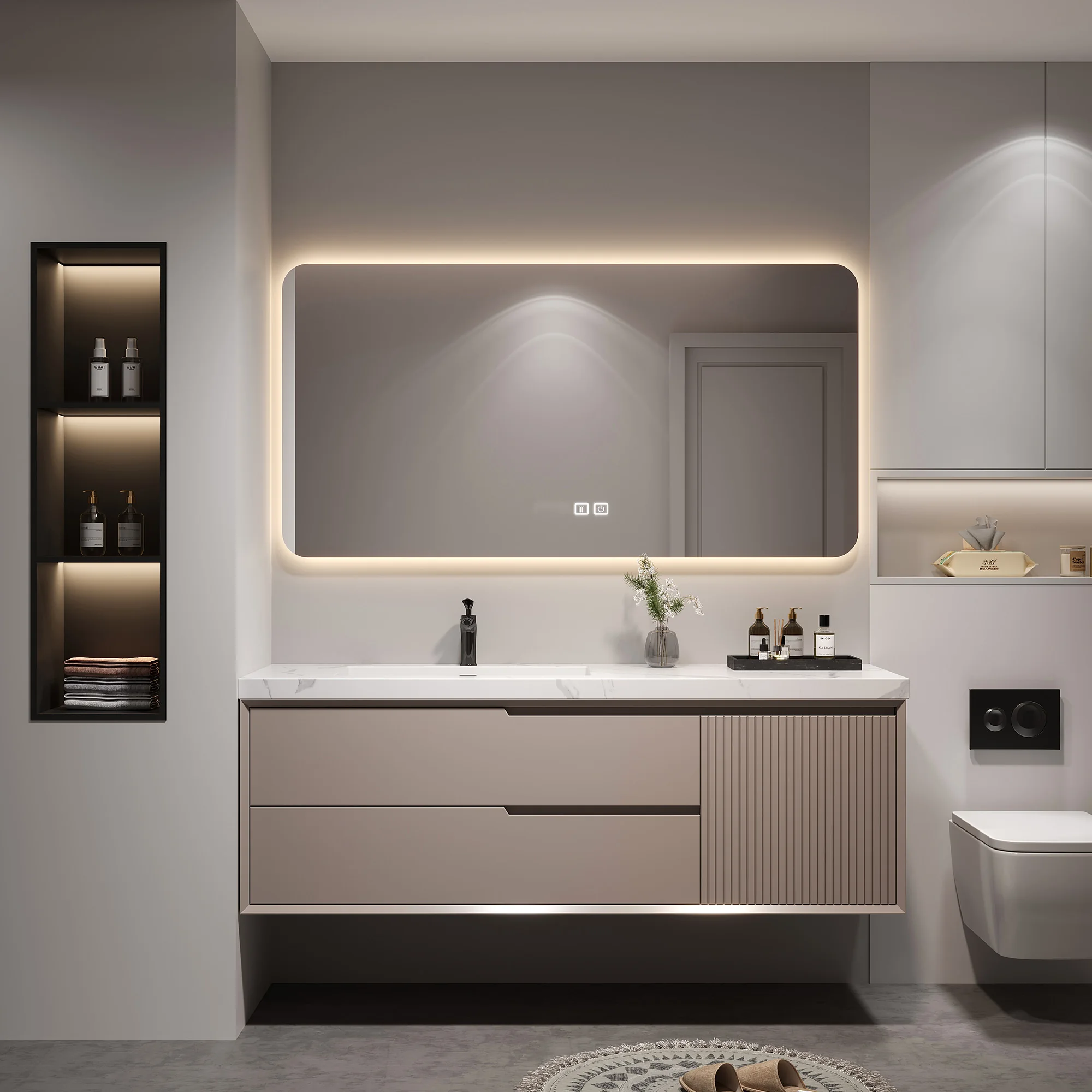 RUMZENO Corvelle Khaki Floating Vanity with LED Mirror Choices VN-0002 product view