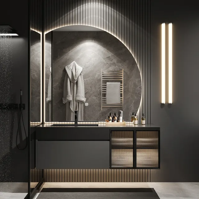 RUMZENO Vesper gray single-basin floating vanity with arched illuminated Smart Mirror
