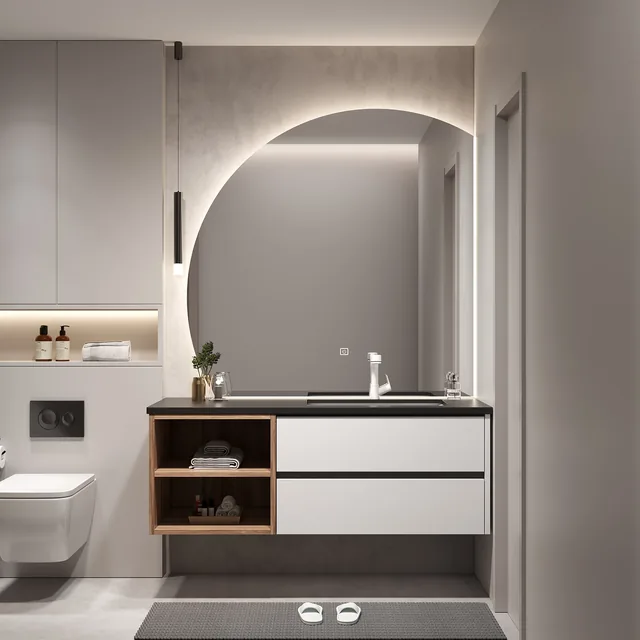 RUMZENO Arlo white single-basin floating vanity with wood-tone cubby and arched illuminated Smart Mirror