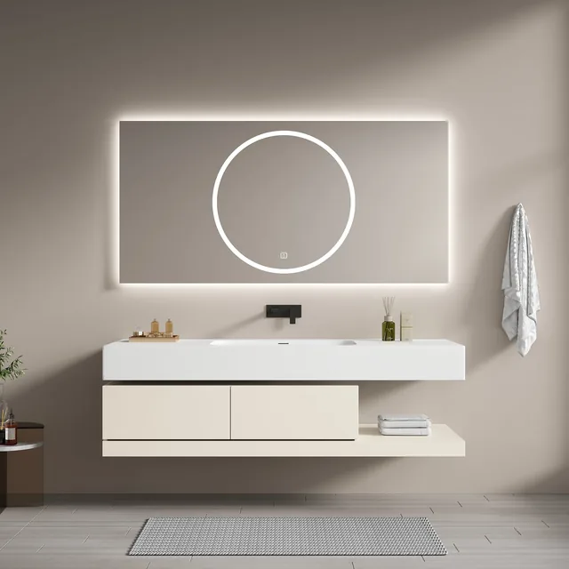 RUMZENO Calira beige single-basin floating vanity with circular-lit Smart Mirror