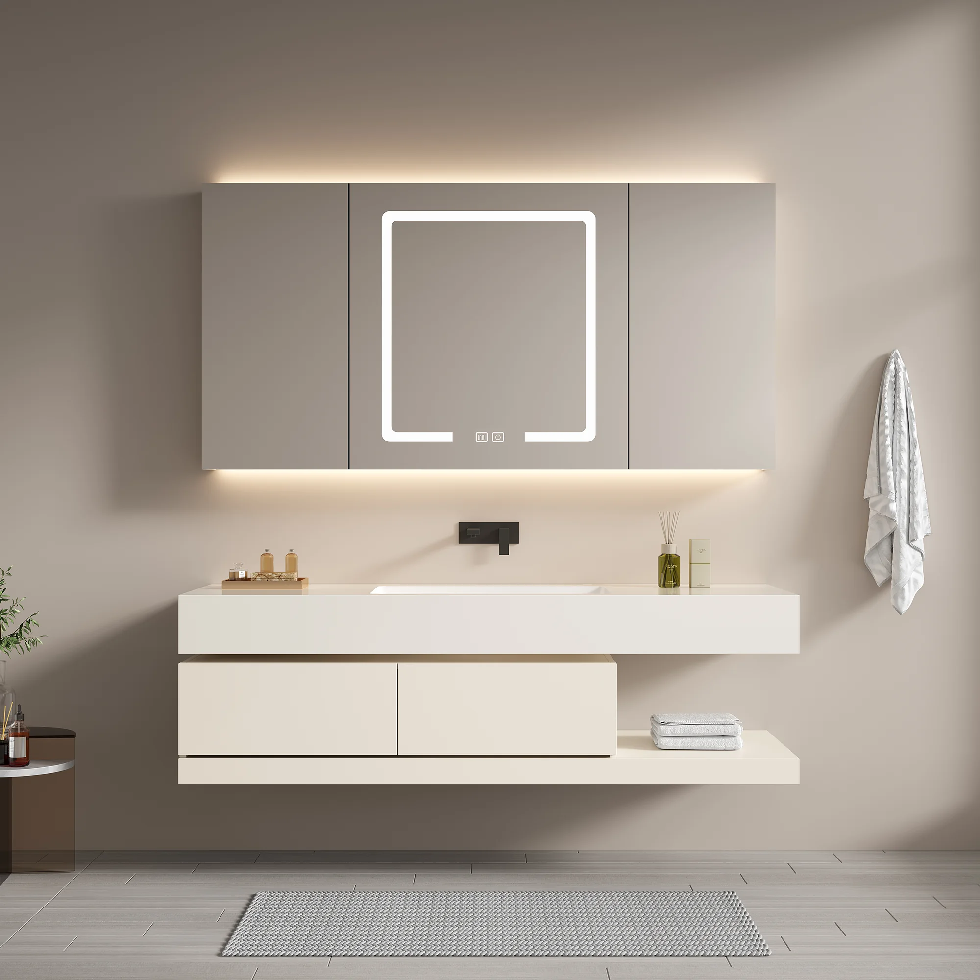 RUMZENO Calira Beige Floating Vanity with LED Mirror Options VN-0202 product view
