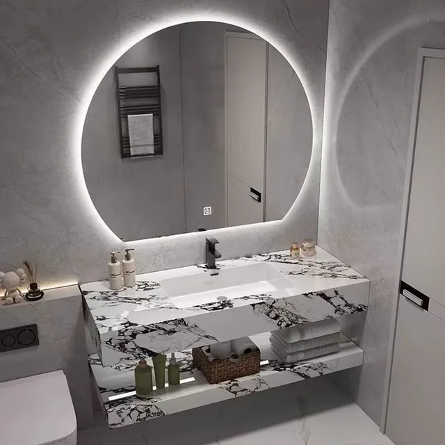 RUMZENO Vellin white-and-black single-basin floating vanity with round illuminated mirror