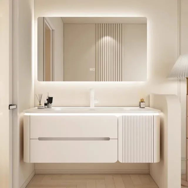 RUMZENO Elion White floating single-basin vanity with rounded drawer and perimeter-lit Smart Mirror