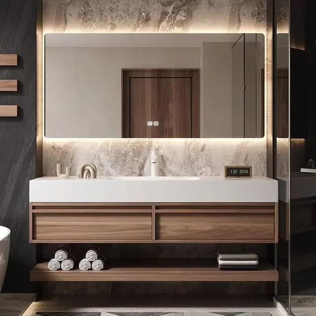 RUMZENO Orin Wood floating single-basin vanity with two drawers, open shelf and illuminated Smart Mirror