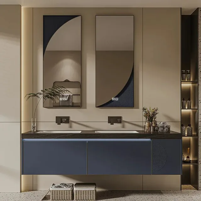 RUMZENO Nerelle blue floating double vanity with two basins and paired geometric mirrors, front view