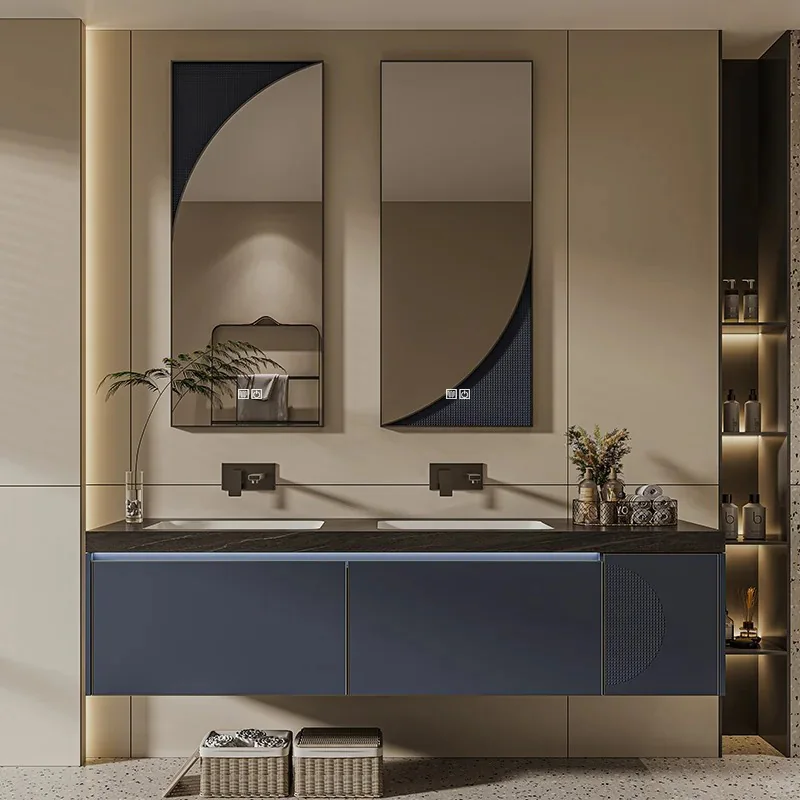 RUMZENO Nerelle Blue Floating Double Vanity with Geometric LED Mirrors VN-0252 product view