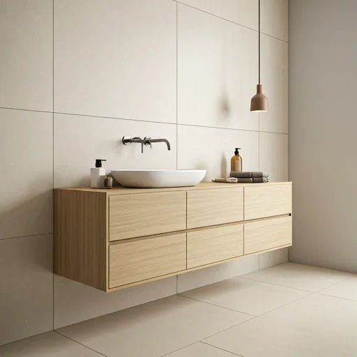 Wall-mounted RUMZENO vanity in a finished bathroom
