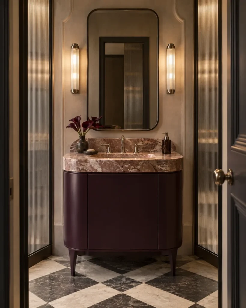 Neo-Deco powder room concept with an aubergine freestanding vanity, rose breccia integrated basin, smoked mirror, and fluted glass panels