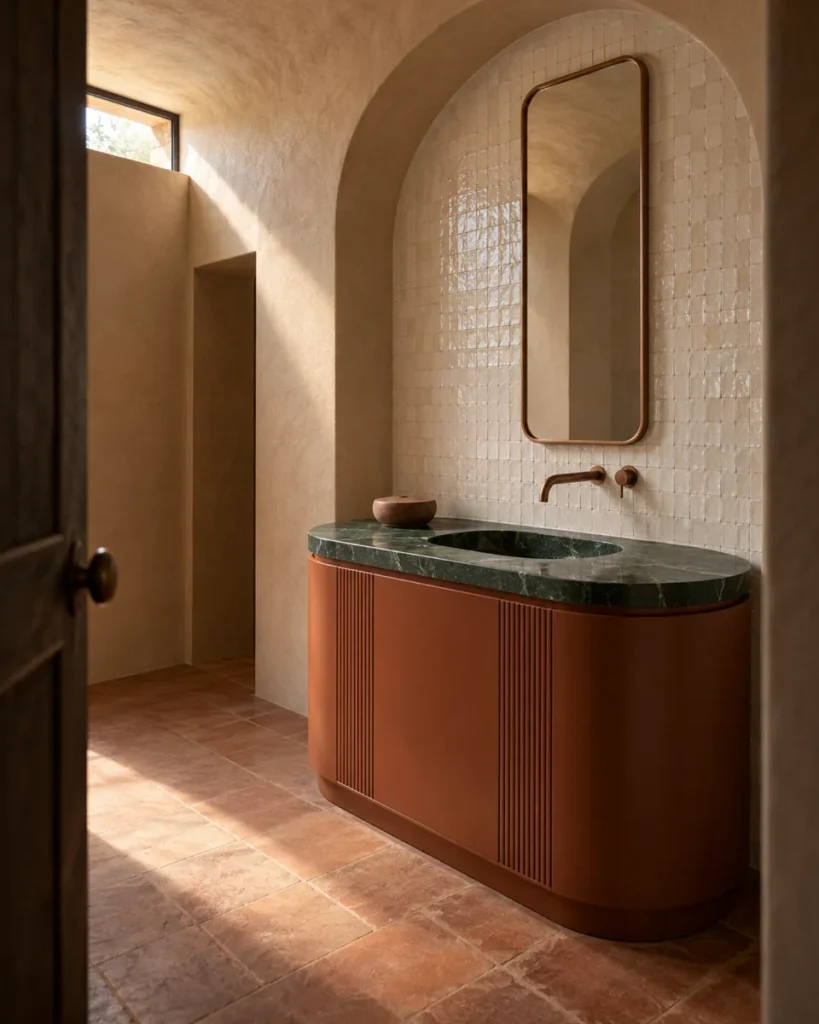 Earthen-modern bathroom concept with a rounded burnt-sienna vanity, deep green stone basin top, aged copper fittings, and a tiled arched recess