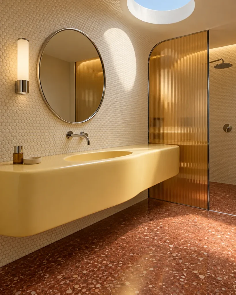 Solar-modern bathroom concept with a butter-yellow molded vanity, amber ribbed glass screen, ivory mosaic walls, rust-red terrazzo floor, and circular skylight