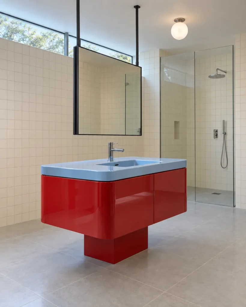 Bauhaus-inspired bathroom concept with a carmine-red freestanding vanity island, powder-blue integrated basin, suspended rectangular mirror, ivory grid tile, and open glass shower