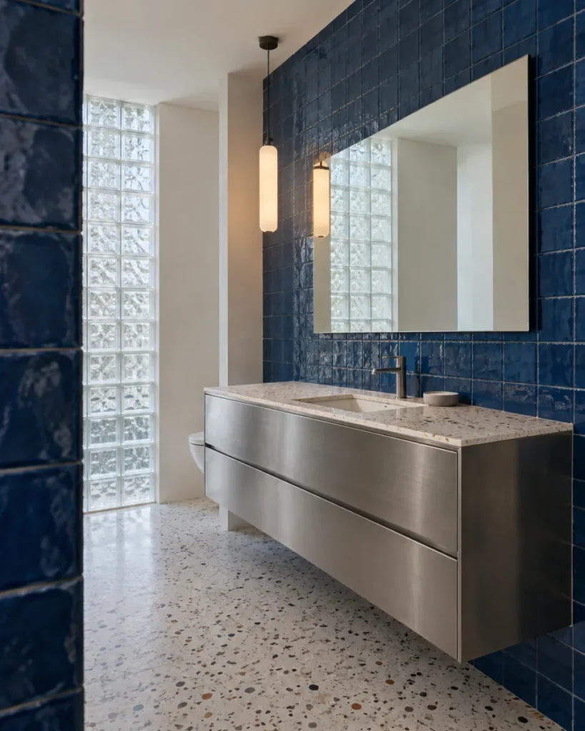 Chromatic modern bathroom concept with a brushed stainless steel floating vanity, cobalt glazed tile, pale terrazzo, and a glass-block daylight wall