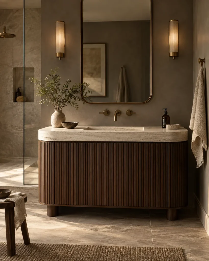 Contemporary bathroom concept with a fluted dark walnut vanity, cream travertine top, and aged brass fittings