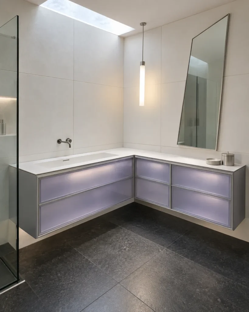 Prismatic-modern bathroom concept with an L-shaped vanity, frosted lilac cast-glass drawer fronts, white enamel trough basin, trapezoid mirror, and charcoal cork floor