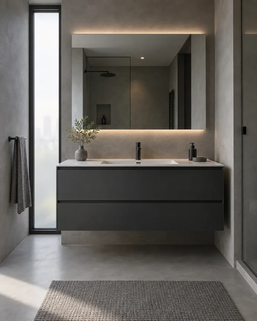 Modern monochrome bathroom concept with a graphite floating vanity, white integrated basin, and microcement surfaces