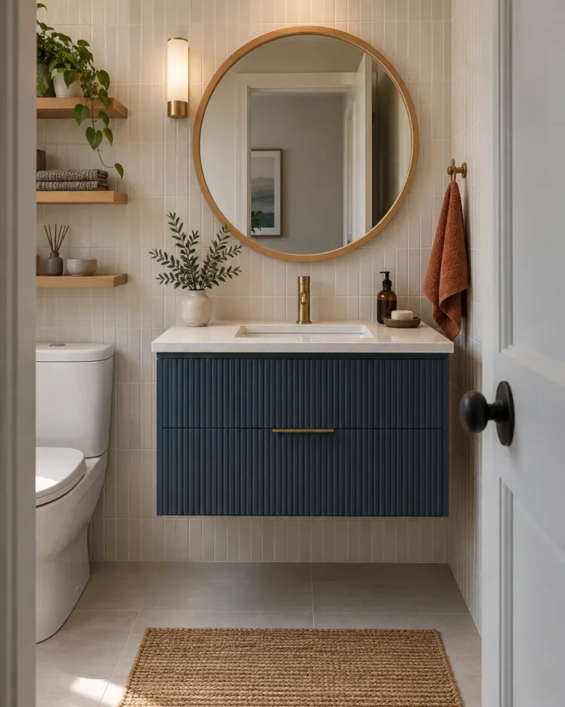 Compact bathroom concept with an ink blue floating vanity, warm white vertical tile, and round oak mirror