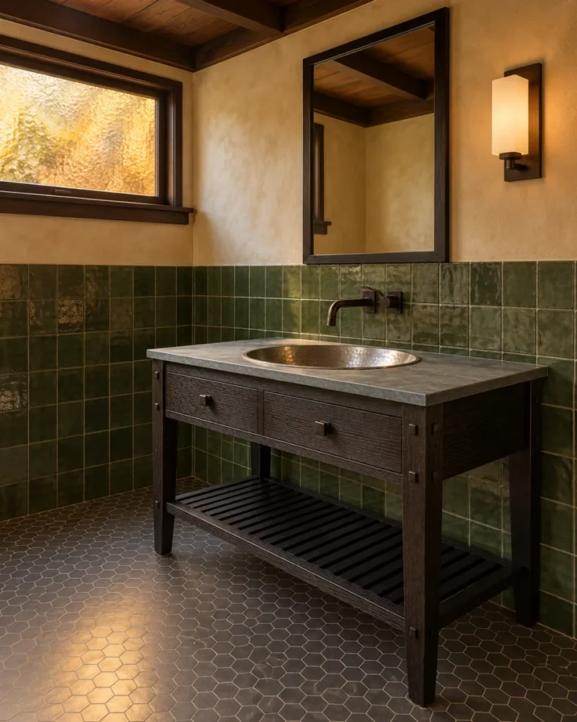 Contemporary Arts-and-Crafts bathroom concept with an open ebonized-oak washstand, hammered pewter basin, moss-green handmade tile, amber obscured-glass window, and charcoal hexagonal floor tile