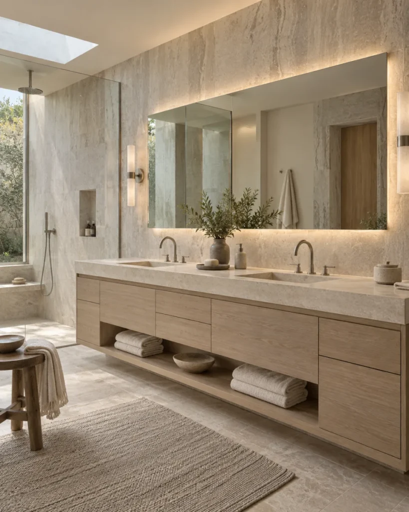 Spa bathroom concept with a pale oak double vanity, two limestone basins, and a full-width illuminated mirror