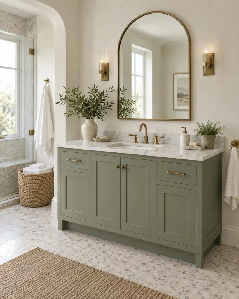 Airy bathroom concept with a muted sage vanity, white stone countertop, terrazzo floor, and arched mirror
