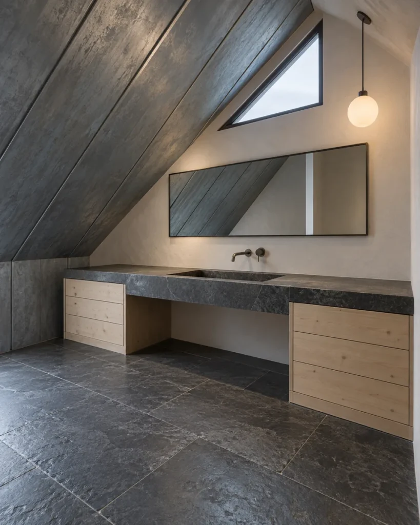 Alpine-modern attic bathroom concept with a charcoal soapstone bridge vanity, pale spruce drawer chests, weathered zinc roof panels, and a triangular clerestory