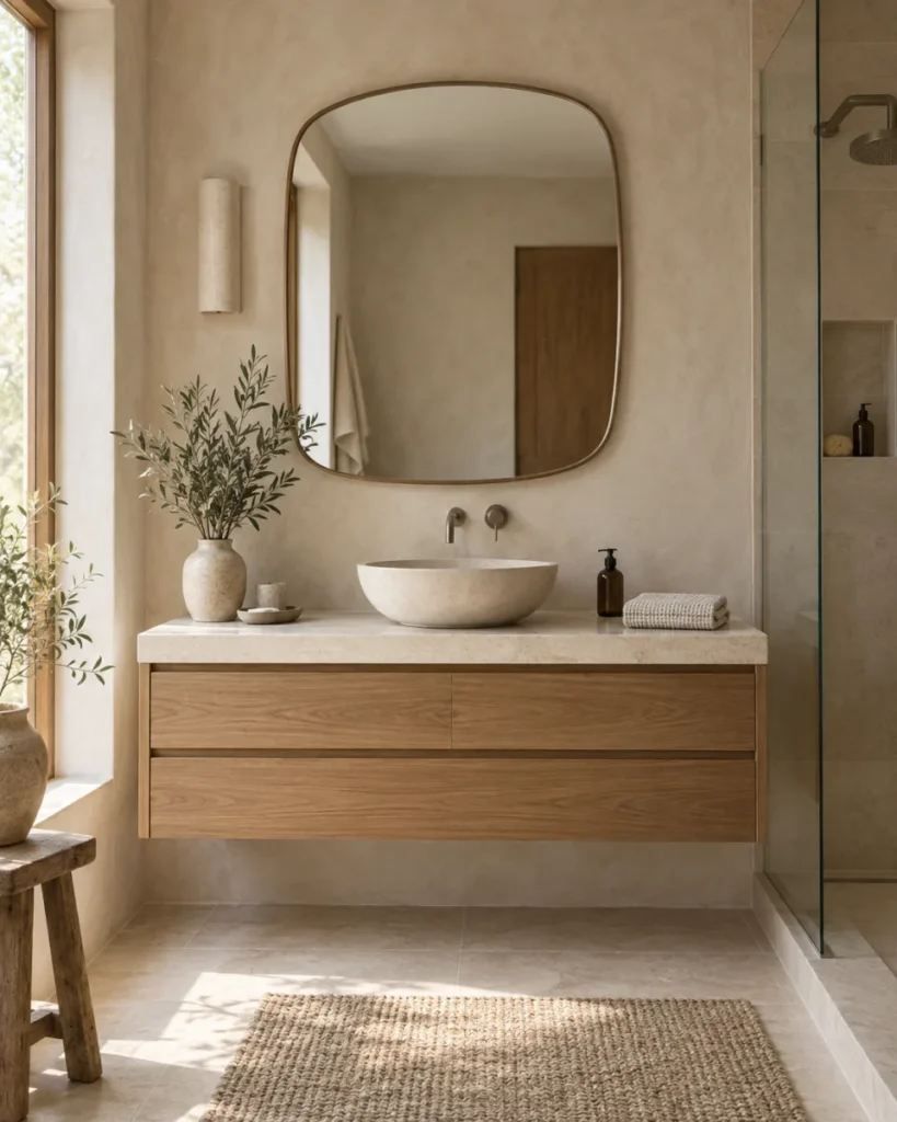 Japandi bathroom concept with a warm oak floating vanity, ivory stone top, vessel basin, and curved mirror