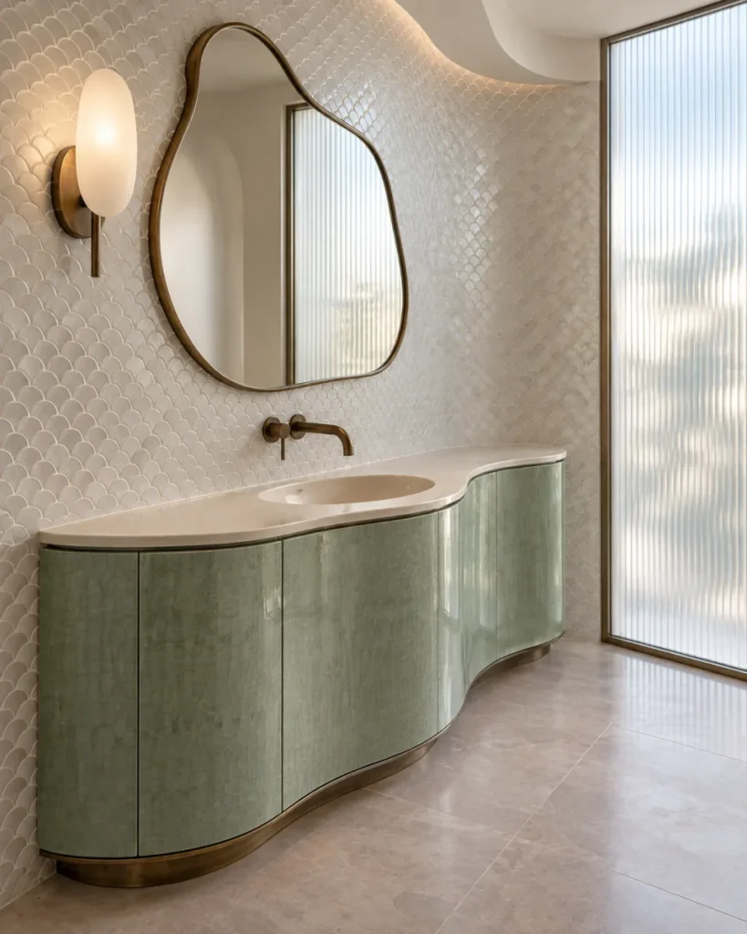 Contemporary Art Nouveau bathroom concept with a serpentine celadon ceramic vanity, single ivory integrated basin, aged-bronze wall faucet, cloud-shaped mirror, pearl fan mosaic, and ribbed opaline glass panel