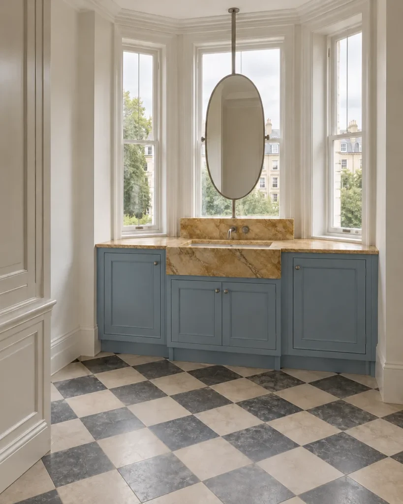 Contemporary Georgian bathroom concept with a dusty cornflower-blue fitted bay-window vanity, single integrated Siena-marble basin, satin-silver wall faucet, suspended oval mirror, tall sash windows, and cream-and-charcoal checker limestone floor