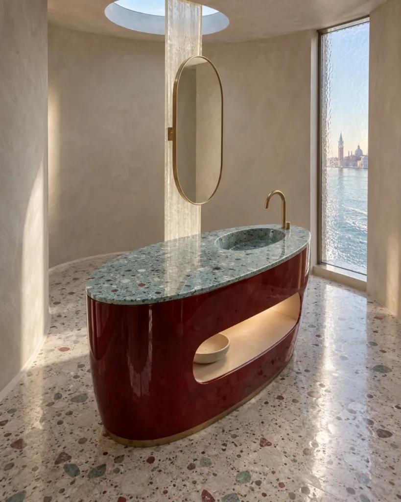 Contemporary Venetian-modernist bathroom concept with an elongated oval ruby-glass vanity, single aquamarine-terrazzo basin, satin-brass floor faucet, translucent ivory glass fin, oval pivot mirror, and ceiling oculus