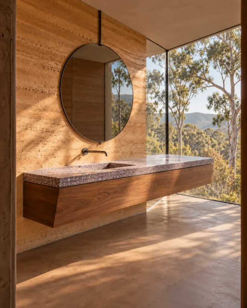 Australian regional-modernist bathroom concept with a long wall-hung spotted-gum vanity, single dusty-lilac terrazzo basin, gunmetal wall faucet, circular smoked mirror, ochre rammed-earth walls, and a frameless eucalyptus-view corner window