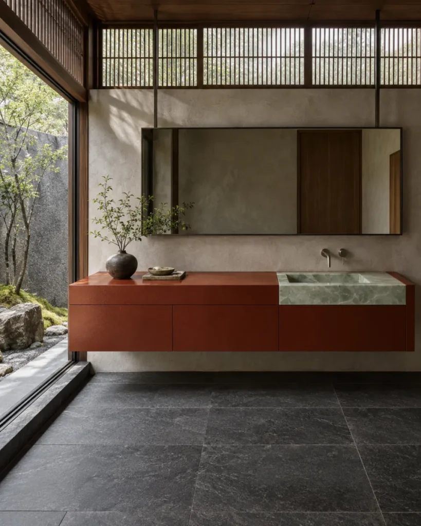 Contemporary hanok-inspired bathroom concept with a wall-to-wall persimmon-red lacquer vanity, single pale jade-quartzite basin, brushed-tin wall faucet, wide suspended rectangular mirror, timber lattice clerestory, and sunken stone courtyard