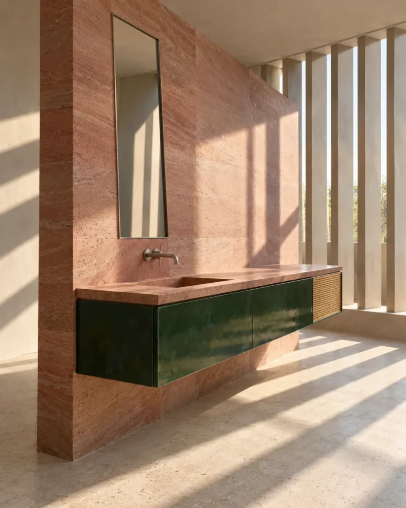Chandigarh-modernist bathroom concept with a long cantilevered bottle-green enamel vanity, single rose-sandstone basin, brushed-aluminum wall faucet, tall recessed mirror, cane storage shutter, and deep sun fins casting geometric shadows