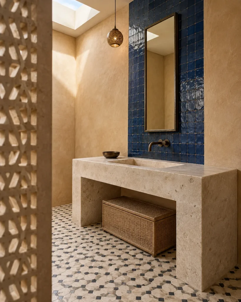 Contemporary Maghrebi bathroom concept with a pale shell-limestone washbench, single carved basin, lapis-blue zellige tile, saffron tadelakt walls, perforated stone screen, and square roof lantern