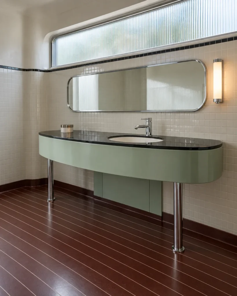 Streamline Moderne bathroom concept with a curved seafoam-green enamel console vanity, single ivory basin, black glass top, chrome supports, rounded horizontal mirror, ribbed-glass ribbon window, and oxblood pinstripe floor