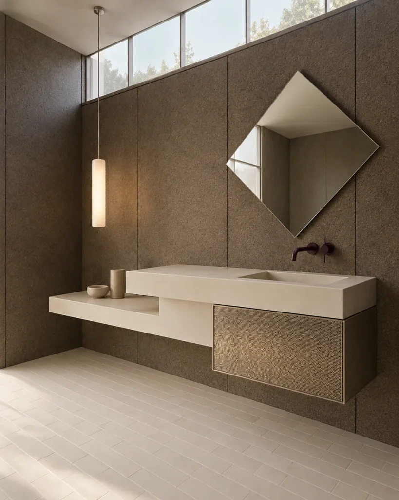 Milanese-rationalist bathroom concept with a split-level ivory mineral-resin vanity, integrated rectangular basin, perforated champagne-aluminum storage cabinet, diamond mirror, smoked-cork wall panels, and diagonal clerestory