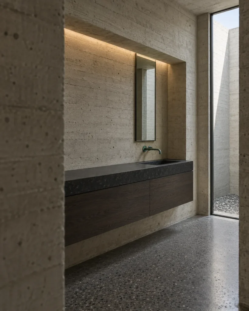 Brutalist courtyard bathroom concept with a recessed smoked-oak wall vanity, black basalt basin shelf, verdigris copper faucet, vertical mirror, board-formed concrete, and narrow daylight court